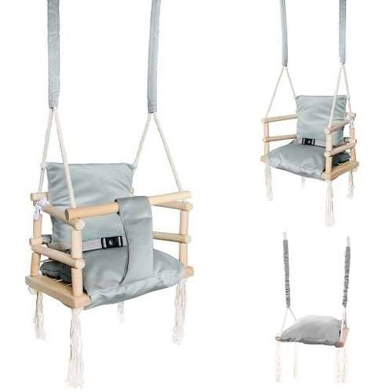 Foto van T.r. goods babyschommel voor binnen - 3-in-1 grijze plafondhanger - baby swing seat - gemaakt van hout