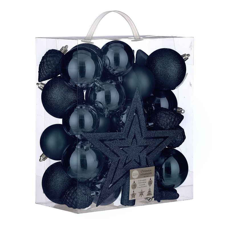 Foto van 39x stuks kunststof kerstballen en kerstornamenten met ster piek donkerblauw mix - kerstbal