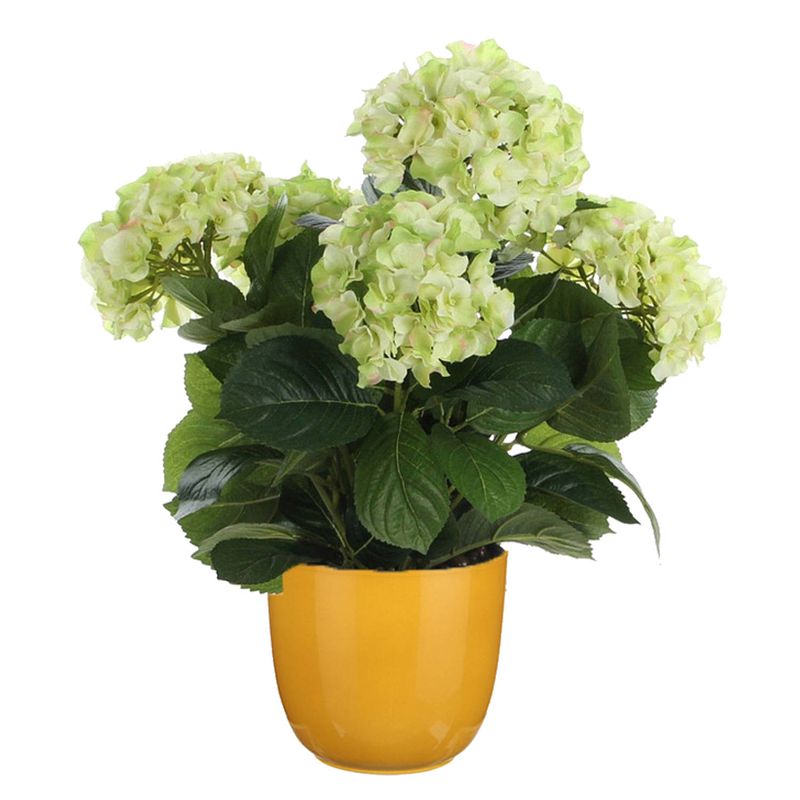 Foto van Hortensia kunstplant/kunstbloemen 45 cm - groen - in pot okergeel glans - kunstplanten