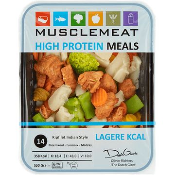 Foto van Muscle meat high protein meal kip indian style bloemkoolpuree euromix madras kruiden 550g bij jumbo