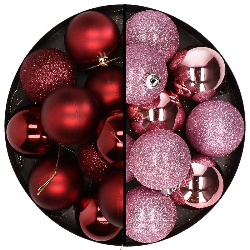 Foto van 24x stuks kunststof kerstballen mix van donkerrood en roze 6 cm - kerstbal