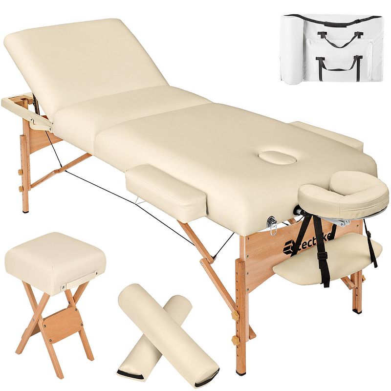 Foto van Tectake® - massagetafel matras van 10 cm hoog en houten frame + rolkussens, draagtas en kruk - beige - 400187