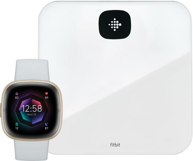 Foto van Fitbit sense 2 blauw/goud + fitbit aria air weegschaal wit
