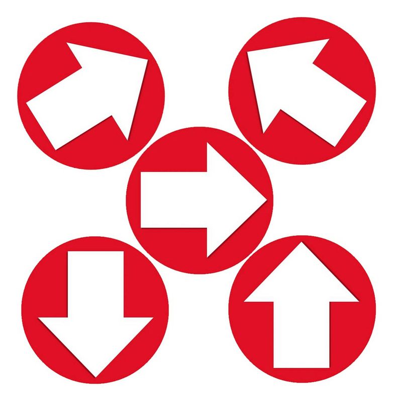 Foto van Pakket van 5x stuks accent richting pijlen stickers rood/wit rond - feeststickers