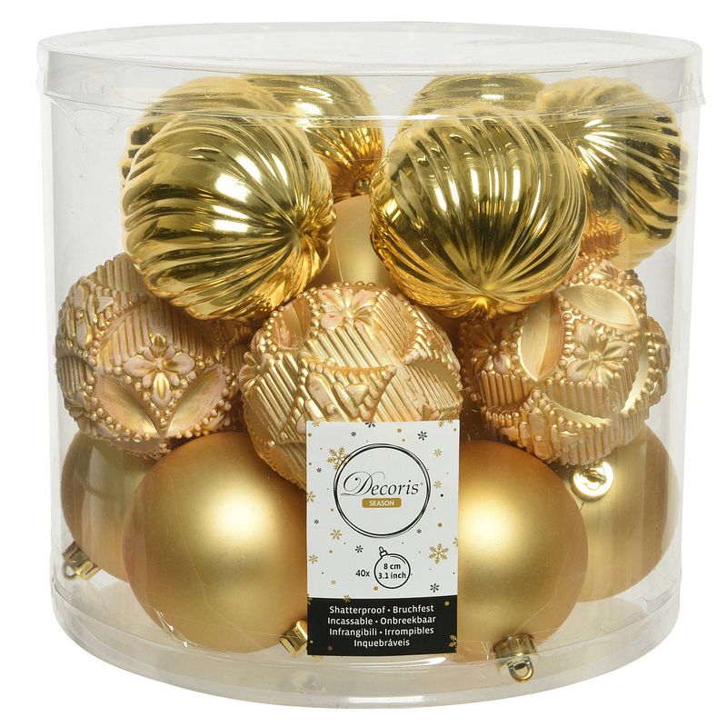 Foto van 40x stuks luxe kunststof kerstballen goud mix 8 cm - kerstbal
