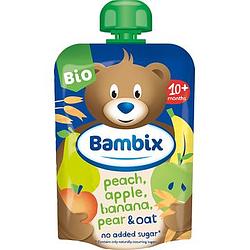 Foto van Bambix knijpzakje appel, perzik, banaan, peer & haver bio 10m+ 100g bij jumbo