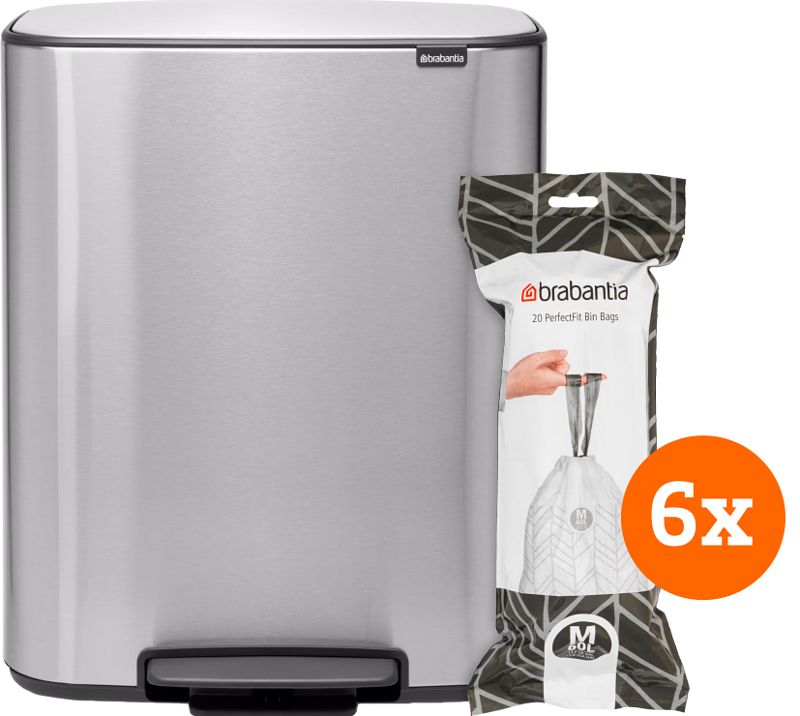 Foto van Brabantia bo pedal bin 60 liter rvs fingerprint proof + vuilniszakken (120 stuks)