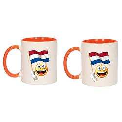 Foto van 2x stuks smiley vlag nederland mok/ beker oranje wit 300 ml - feest mokken