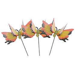 Foto van Set van 3x stuks metalen vlinder geel/oranje 11 x 70 cm op steker - tuinbeelden