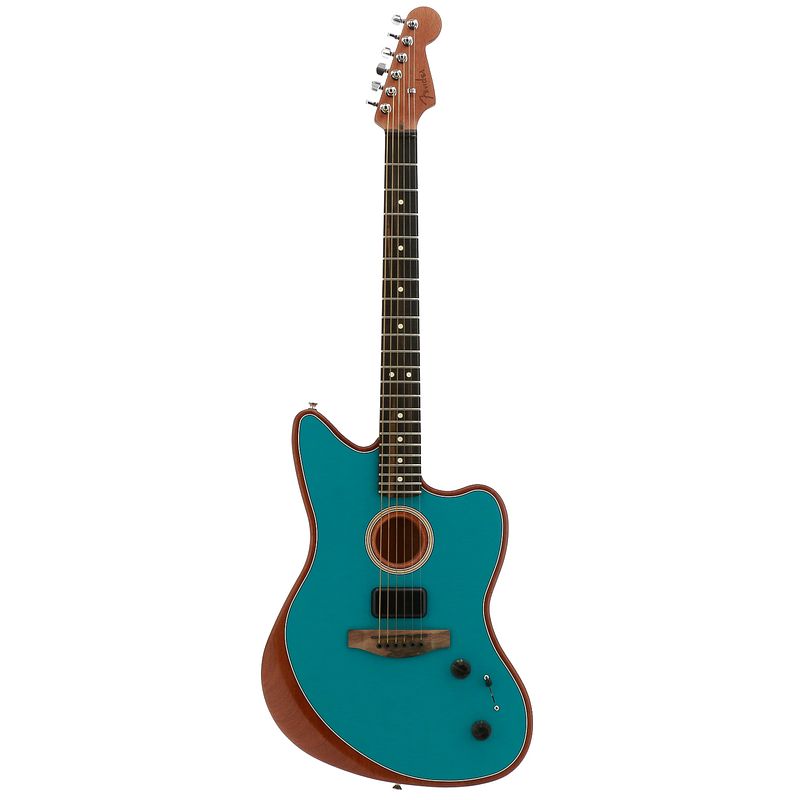 Foto van Fender american acoustasonic jazzmaster ocean turquoise met deluxe gigbag