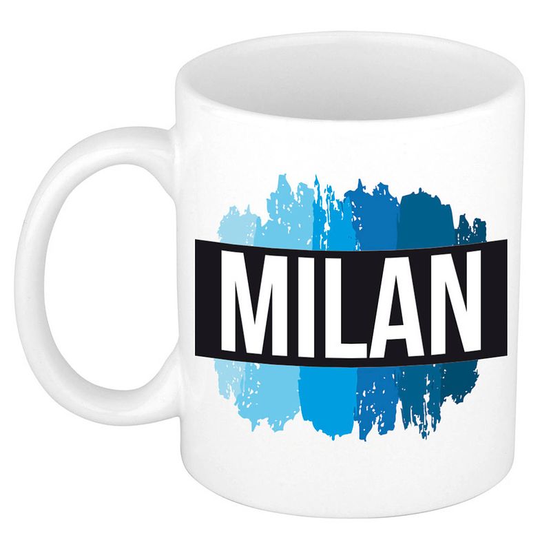 Foto van Naam cadeau mok / beker milan met blauwe verfstrepen 300 ml - naam mokken