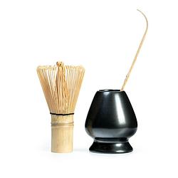 Foto van Oliva'ss - matcha thee set met bamboe klopper/garde (100 borstels/prongs), garde-houder (zwart) en lepel