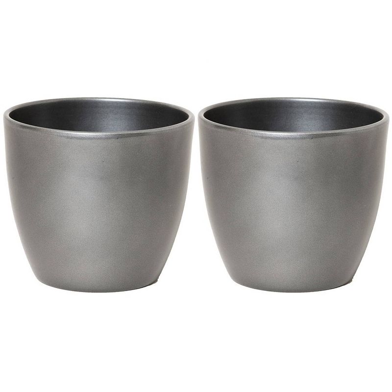 Foto van 2x stuks bloempot glanzend zilver metallic keramiek voor kamerplant h25 x d28 cm - plantenpotten