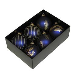 Foto van Othmar decorations kerstballen - gedecoreerd - 6x - 8 cm - donkerblauw - kerstbal