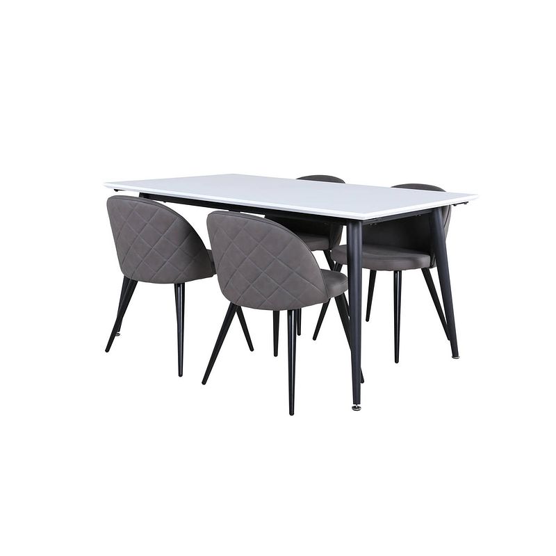 Foto van Jimmy150 eethoek eetkamertafel uitschuifbare tafel lengte cm 150 / 240 wit en 4 velvet stitches eetkamerstal grijs.