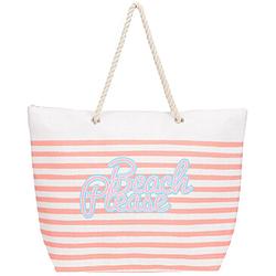 Foto van Strandtas met handvat wit/roze gestreept met beach please print polyester 38 x 39 cm - strandtassen