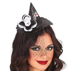 Foto van Halloween heksenhoed - mini hoedje op diadeem - one size - zwart glitter - meisjes/dames - verkleedhoofddeksels