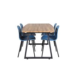 Foto van Incanabl eethoek eetkamertafel udtræksbord længde cm 160 / 200 el hout decor en 4 arctic eetkamerstal blauw, zwart.