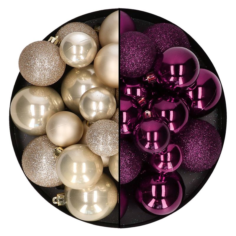 Foto van Kerstballen 60x stuks - mix paars/champagne - 4-5-6 cm - kunststof - kerstbal