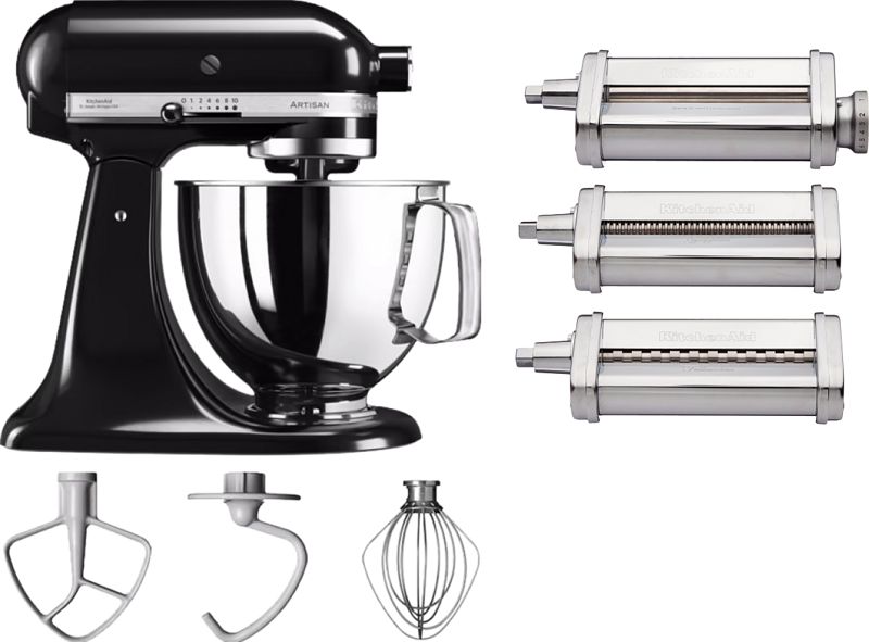 Foto van Kitchenaid artisan mixer 5ksm125 onyx zwart + pastaroller en -snijderset (3-delig)