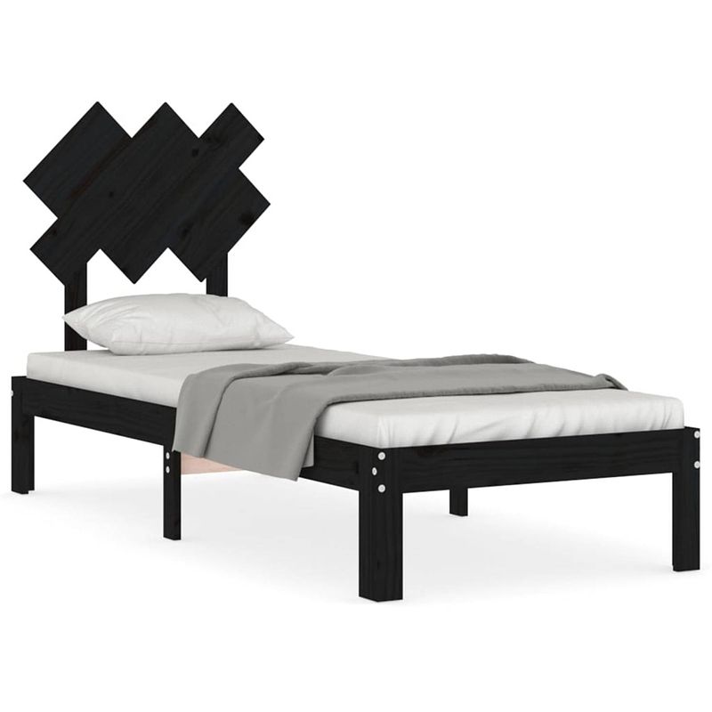 Foto van The living store bedframe met hoofdbord massief hout zwart 2ft6 small single - bed