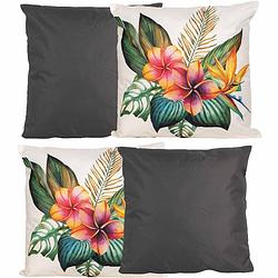 Foto van Bank/tuin kussens set - voor binnen/buiten - 4x stuks - antraciet/tropical print - 45 x 45 cm - sierkussens