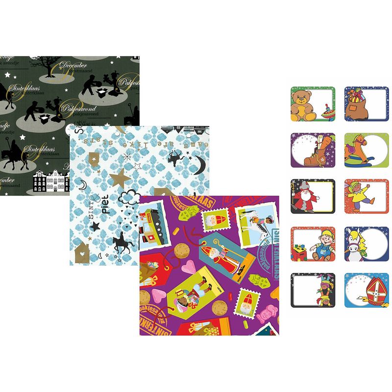 Foto van Assortiment 2 sinterklaaspapier cadeaupapier inpakpapier extra lang en breed - 300 x 100 cm - 3 rollen en etiketten