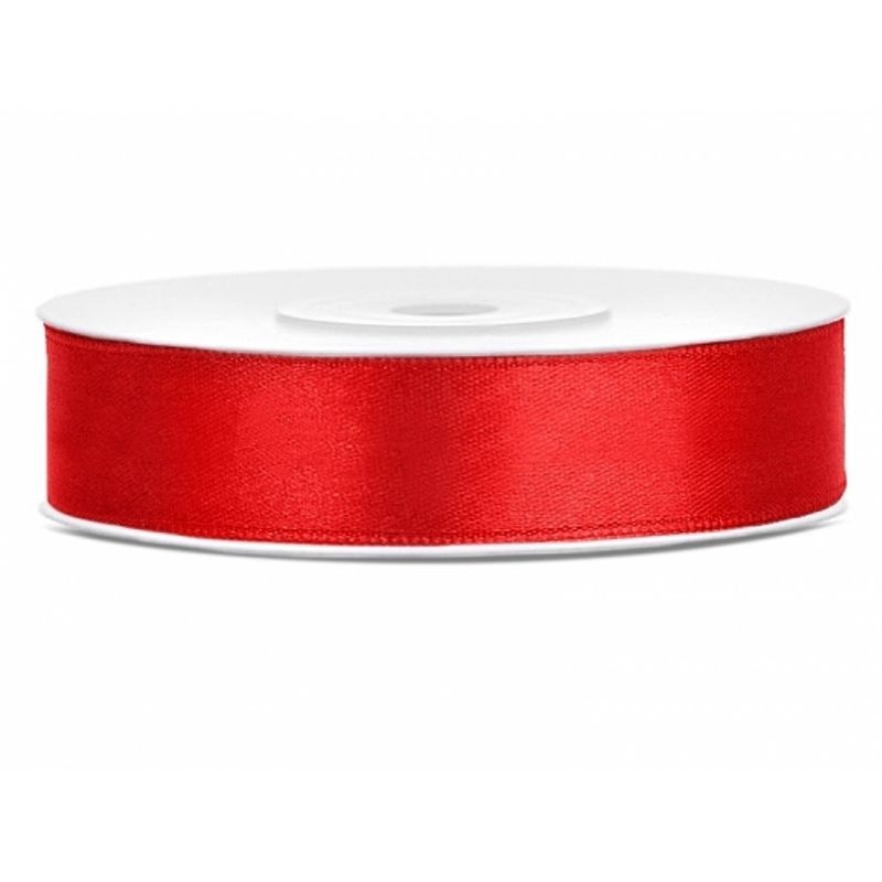 Foto van 1x rood satijnlint rol 1,2 cm x 25 meter cadeaulint verpakkingsmateriaal - cadeaulinten