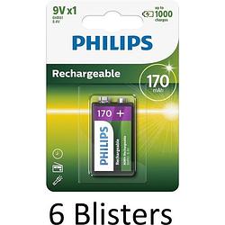 Foto van 6 stuks (6 blisters a 1 st) philips oplaadbare 9v batterij - 170mah