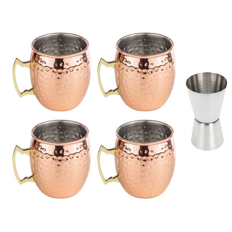 Foto van 4x cocktailbekers/cocktailglazen moscow mule 500 ml met rvs maatbeker / barmaatje - cocktailglazen