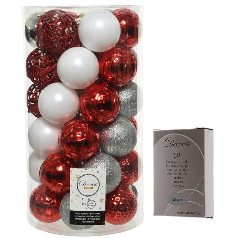 Foto van Kerstversiering mix pakket kunststof kerstballen 6 cm zilver/rood/wit 37x stuks met haakjes - kerstbal