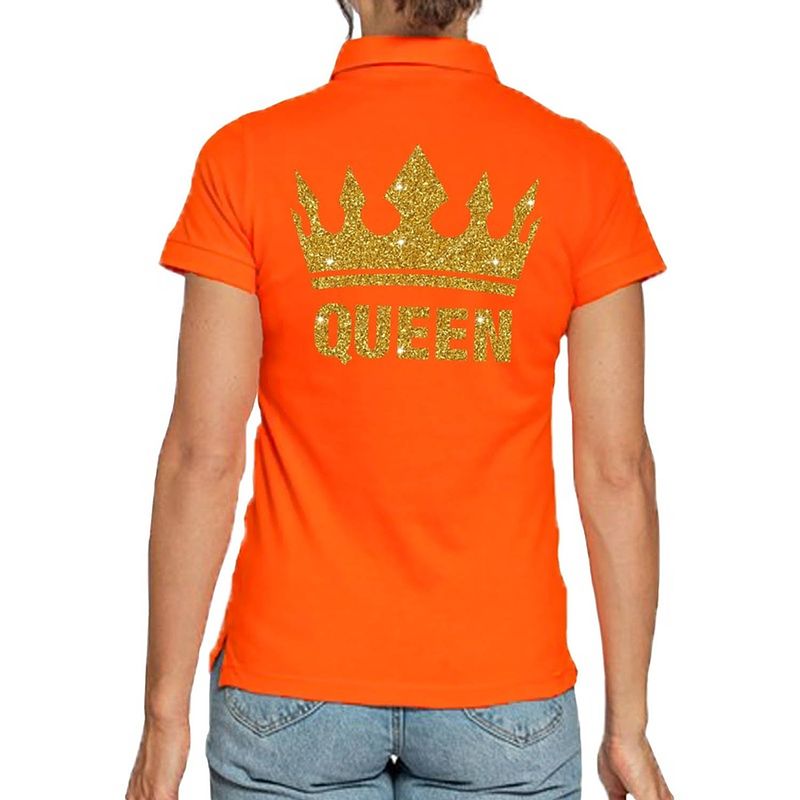 Foto van Koningsdag polo t-shirt oranje met gouden glitter queen voor dames xs - feestshirts