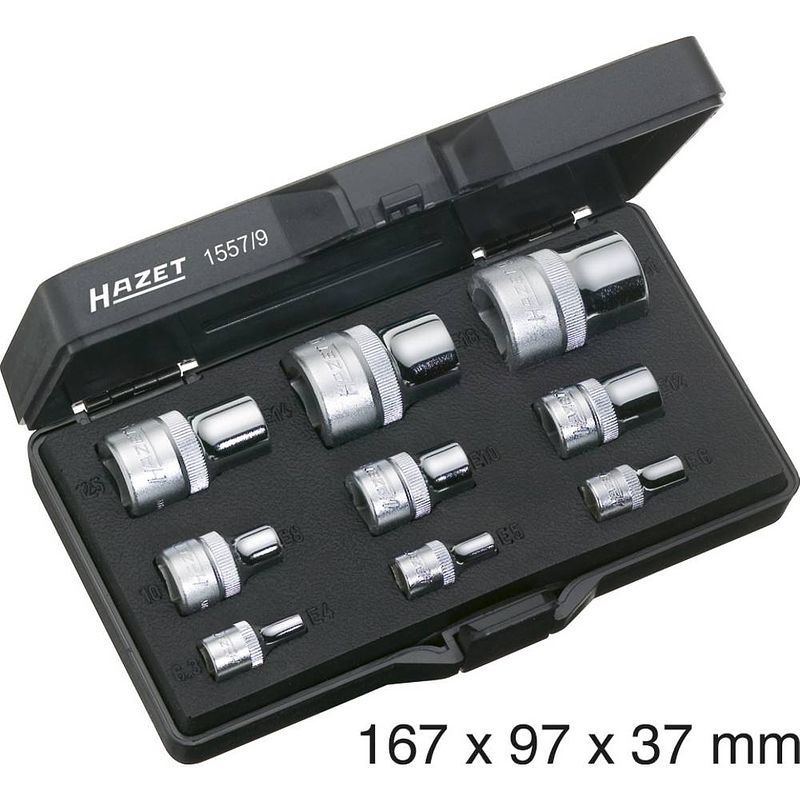 Foto van Hazet 1557/9 buiten-torx dopsleutelinzetset 9-delig 1/4 (6.3 mm), 1/2 (12.5 mm), 3/8 (10 mm)