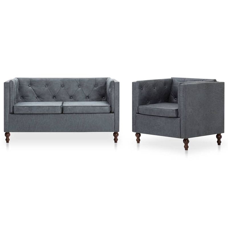 Foto van The living store chesterfield bankstel - grijs - houten frame - 2-zitsbank en fauteuil - 124 x 68 x 70 cm (b x d x h)