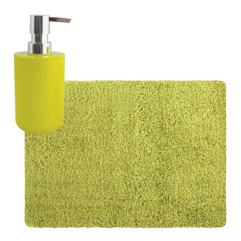 Foto van Msv badkamer droogloop tapijt - langharig - 50 x 70 cm - incl zeeppompje zelfde kleur - lime groen - badmatjes