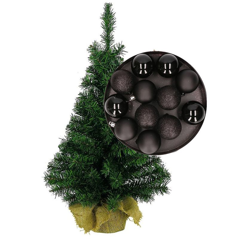 Foto van Mini kerstboom/kunst kerstboom h75 cm inclusief kerstballen zwart - kunstkerstboom