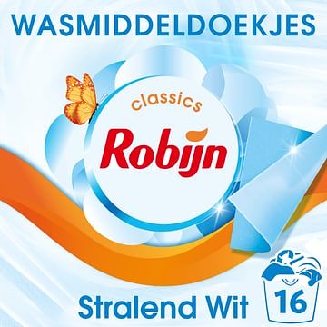 Foto van 1+1 gratis | robijn classics wasmiddeldoekjes stralend wit 16 wasstrips aanbieding bij jumbo