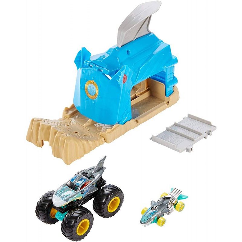 Foto van Hot wheels lanceerbaan monstertruck shark wreak 12,5 cm blauw