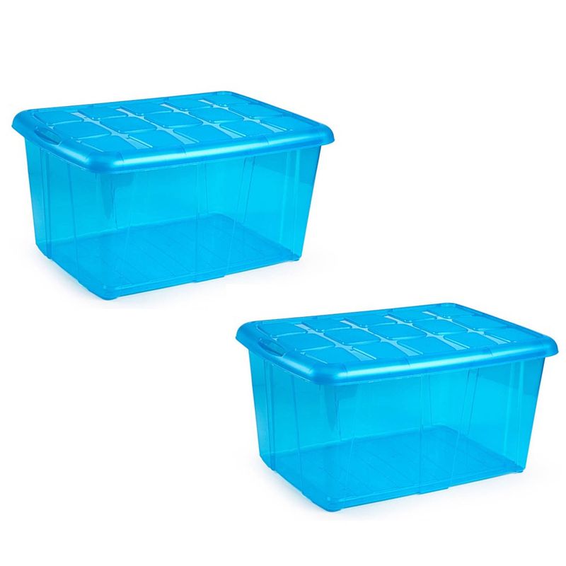 Foto van 2x opslagbakken/organizers met deksel 60 liter 63 x 46 x 32 transparant blauw - opbergbox