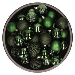 Foto van 37x stuks kunststof kerstballen donkergroen 6 cm glans/mat/glitter mix - kerstbal