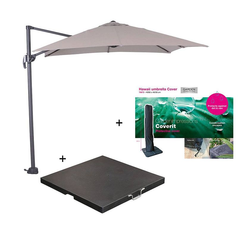 Foto van Garden impressions hawaii zweefparasol s 250x250 - donker grijs/zand met 80 kg parasolvoet en parasolhoes