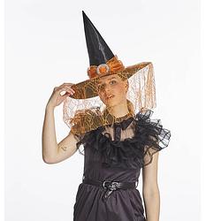 Foto van Verkleed heksenhoed - met sluier - zwart/oranje - volwassenen - halloween hoofddeksels - verkleedhoofddeksels