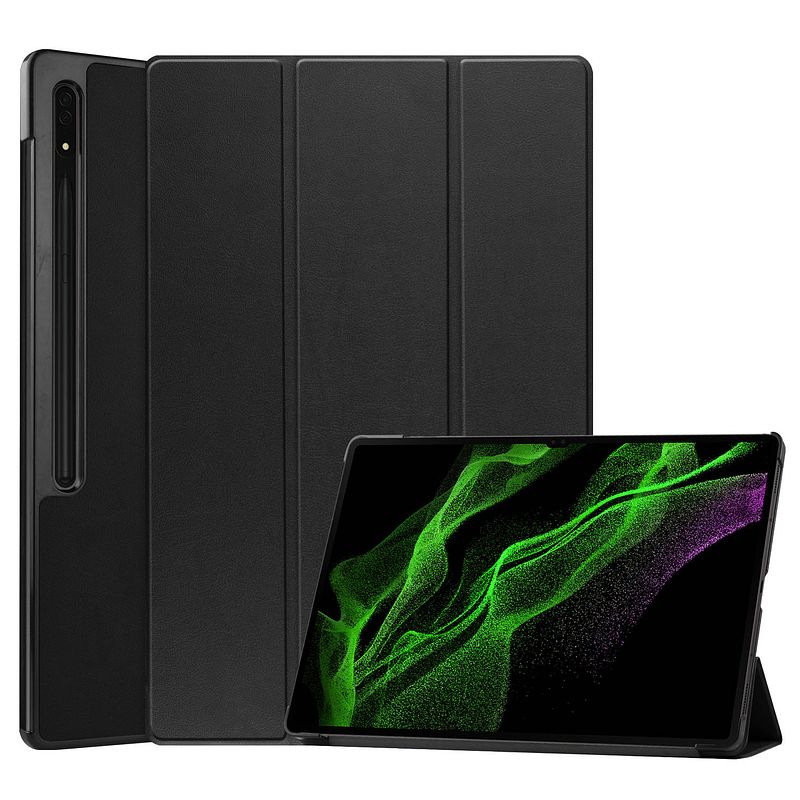 Foto van Basey samsung galaxy tab s9 ultra hoes case met s pen uitsparing - samsung tab s9 ultra hoesje book cover - zwart