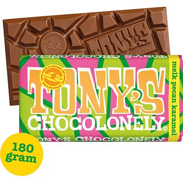 Foto van Tony'ss chocolonely melkchocolade reep 32% crunch pecan karamel 180g bij jumbo