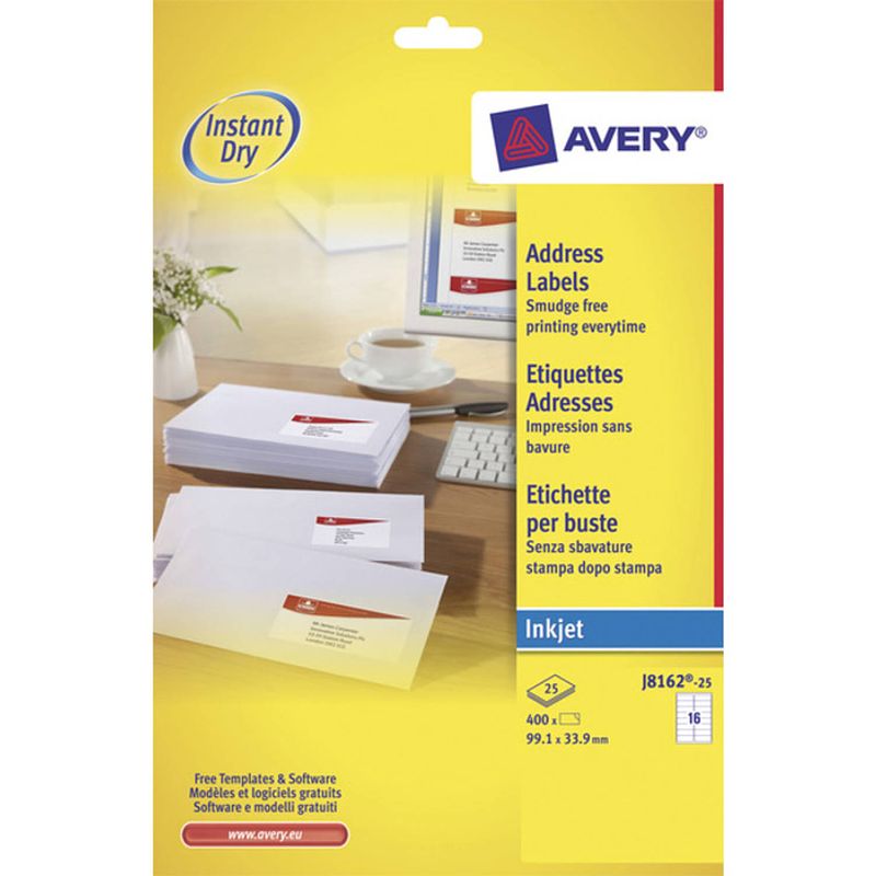 Foto van Inkjetetiket avery 99,1x33,9mm wit 25 vel 16 etiketten per vel