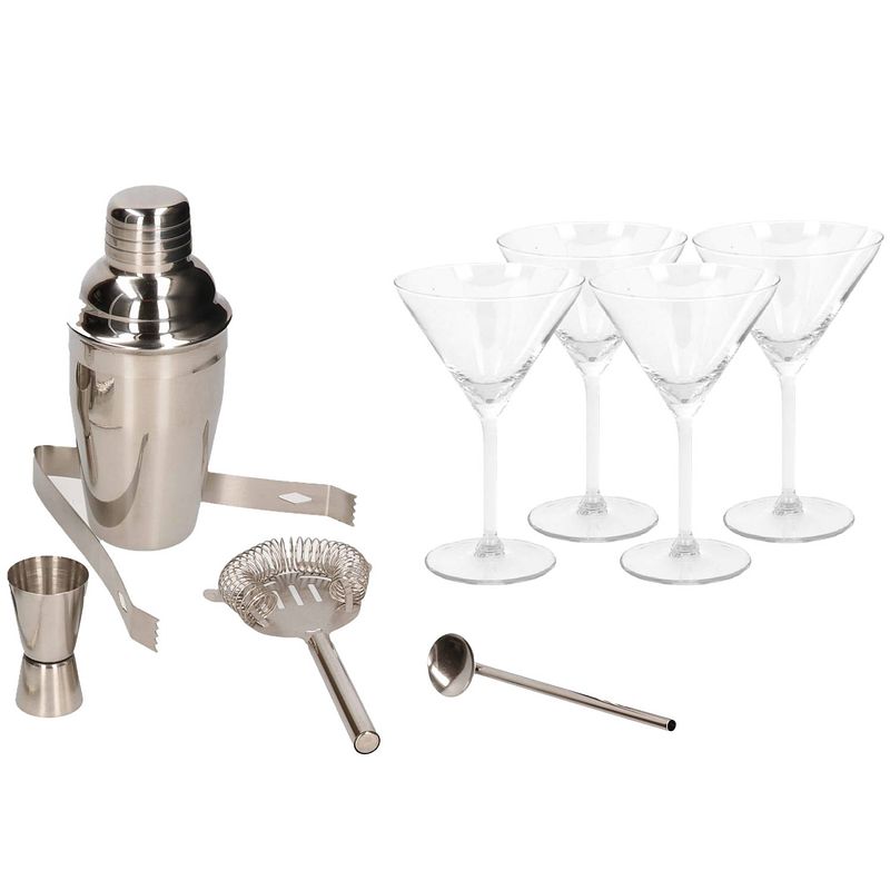 Foto van Cocktailshaker set rvs 5-delig inclusief 4x cocktail/martini glazen 260 ml - cocktailshakers