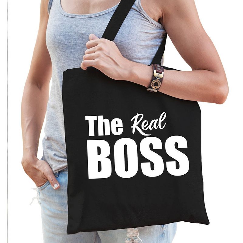 Foto van The real boss tas / shopper zwart katoen met witte tekst voor dames - feest boodschappentassen