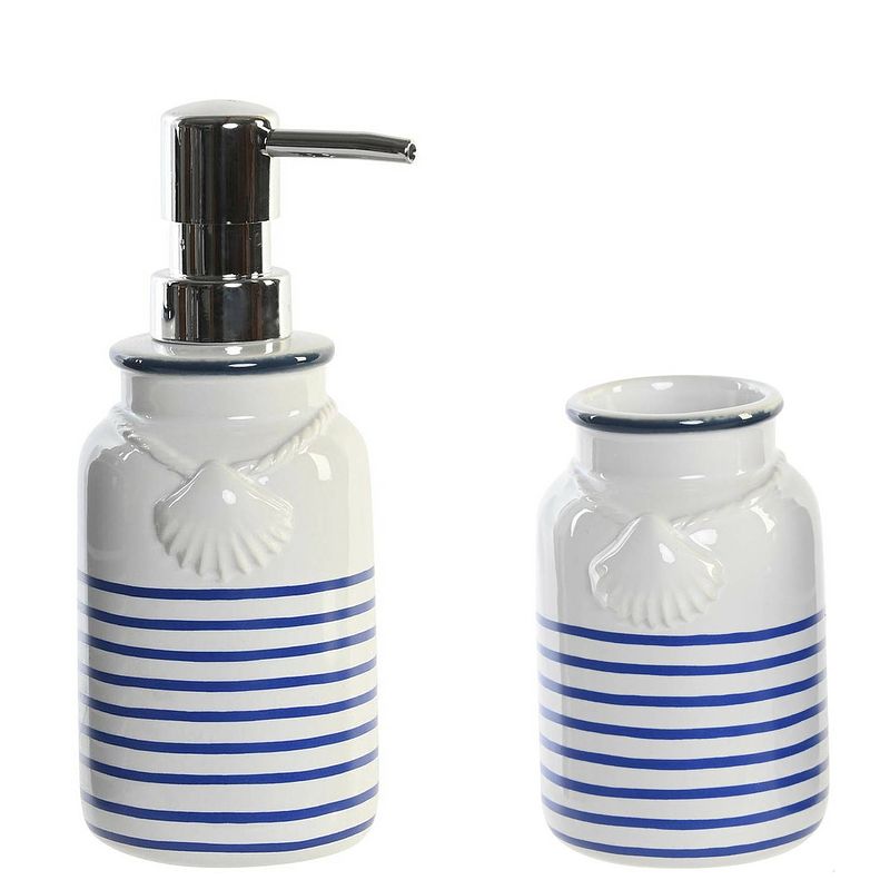 Foto van Badkamer accessoires setje drinkbeker en zeeppompje 18 cm wit/blauw - zeeppompjes