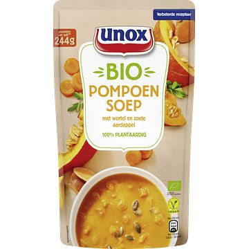 Foto van 2 zakken soep a 570 ml, pakken cupasoup a 3 stuks of single verpakkingen noodles of pasta | unox biologische soep biologische pompoen 570ml aanbieding bij jumbo