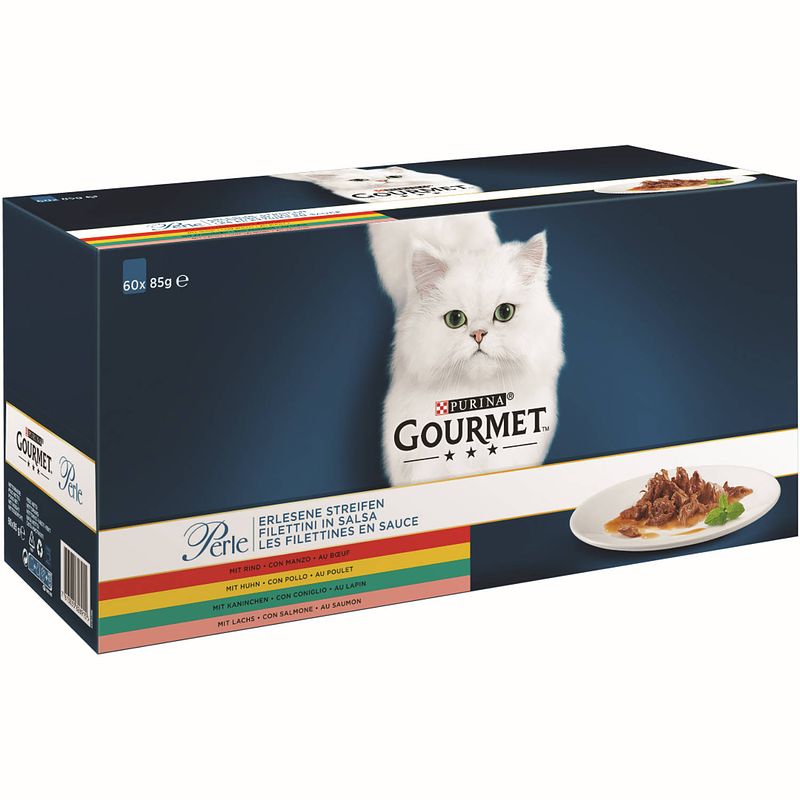 Foto van Gourmet - perle mini filets in saus met kip, met rund, met konijn, met zalm 60x85g kattenvoer